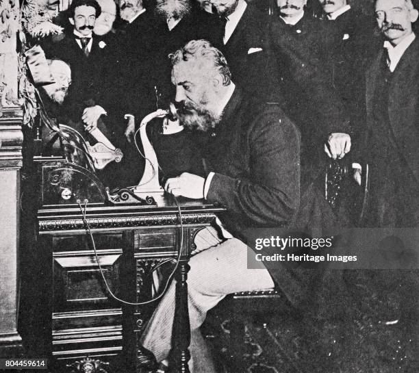 Alexander Graham Bell makes the first telephone call between New York and Chicago, USA, 1892. Scottish-born American inventor Alexander Graham Bell...