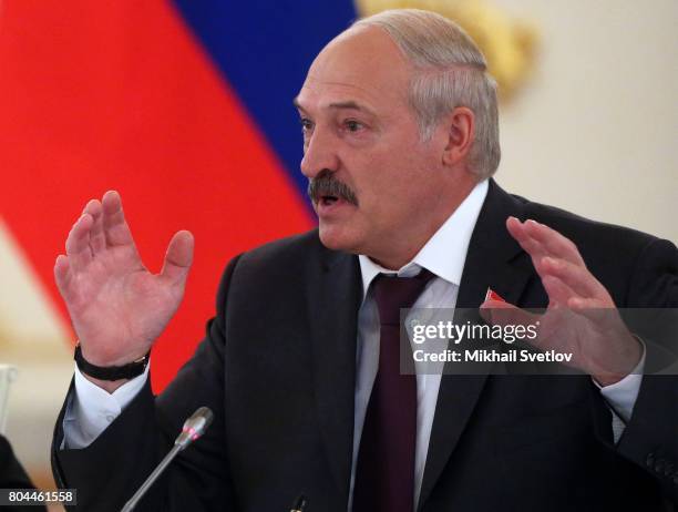 President of Belarus Alexander Lukashenko speaks during the Supreme State Council of Russia and Belarus with Russian President Vladimir Putin at the...