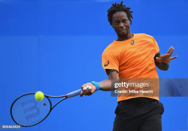Gael Monfils of France plays a forehand during his victory over Richard Gasquet of France during Day 6 of the Aegon International Eastbourne...