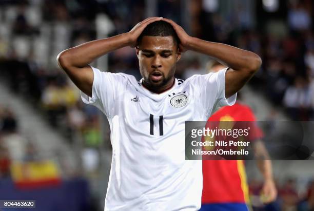 Serge Gnabry of Germany looks dejected after a missed chance during the UEFA European Under-21 Championship Final between Germany and Spain at Krakow...
