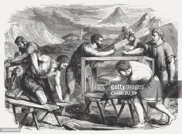 stockillustraties, clipart, cartoons en iconen met bouw van de ark (exodus 25), houtgravure, 1886 gepubliceerd - ark of the covenant