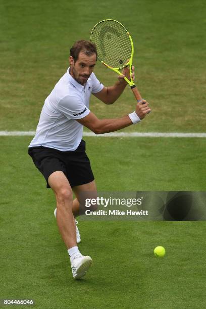 Richard Gasquet of France in action against Gael Monfils of France in the semi final during Day 6 of the Aegon International Eastbourne tournament at...