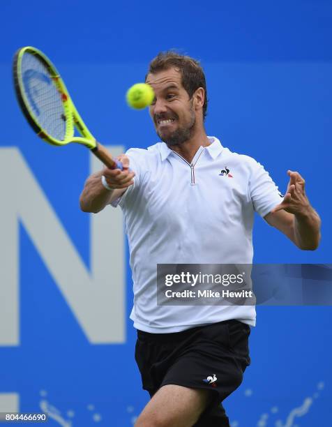 Richard Gasquet of France in action against Gael Monfils of France in the semi final during Day 6 of the Aegon International Eastbourne tournament at...