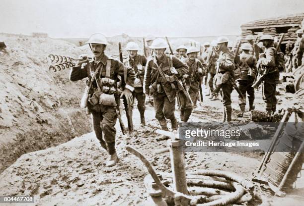 British wiring party going up to the trenches, Somme campaign, France, World War I, 1916. Artist Unknown.