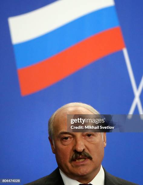 President of Belarus Alexander Lukashenko speaks during the Forum of regions of Russia and Belarus with Russian President Vladimir Putin on June 30,...