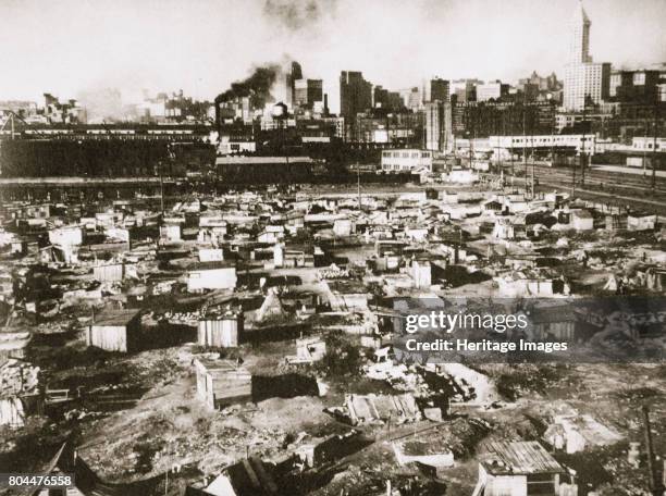 Hooverville' on waterfront of Seattle, Washington, USA, Great Depression, March 1933. Grim collections of shacks on vacant lots were cruelly called...