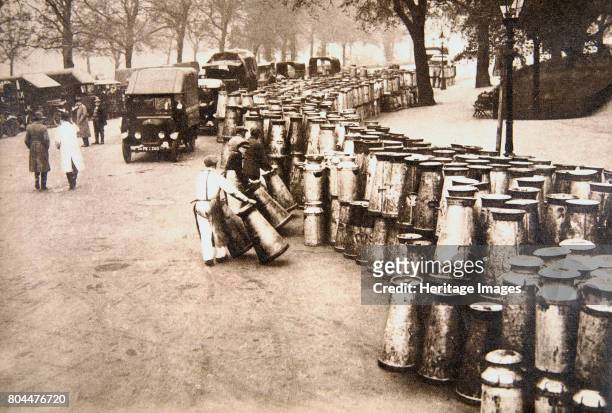 Milk churns being delivered to Hyde Park, London, during the General Strike, 8 May 1926. The General Strike lasted ten days, from 3 to 13 May 1926....