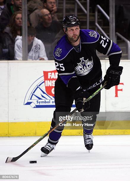 Jon Klemm of the Los Angeles Kings looks to pass against the Dallas Stars during the game at the Staples Center on March 29, 2008 in Los Angeles,...