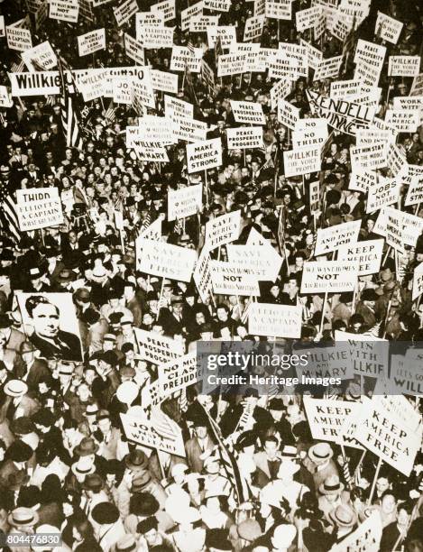 Republican supporters outside Buffalo Memorial Auditorium, New York, USA, 15 October 1940. A crowd of more than 10,000 people, many carrying placards...