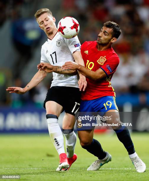 Mitchell Weiser of Germany and Jonny of Spain battle for possession during the UEFA European Under-21 Championship Final between Germany and Spain at...
