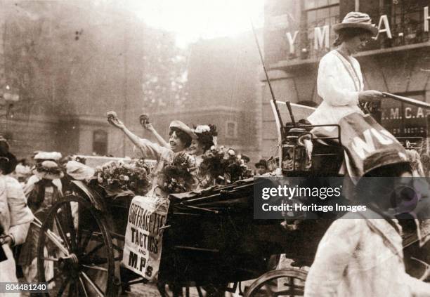 Two suffragettes celebrating their release from Holloway Prison, London, on 22 August 1908. Mary Leigh and Edith New were both imprisoned for their...