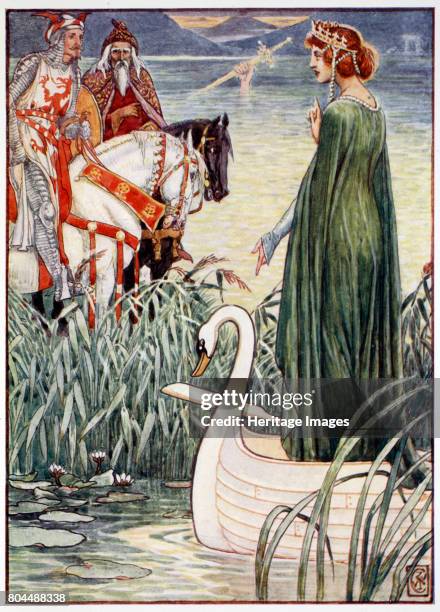 King Arthur asks the Lady of the Lake for the sword Excalibur', 1911. Sir Baldwin and the stroke Dolorous. The sword Excalibur given by the Lady of...