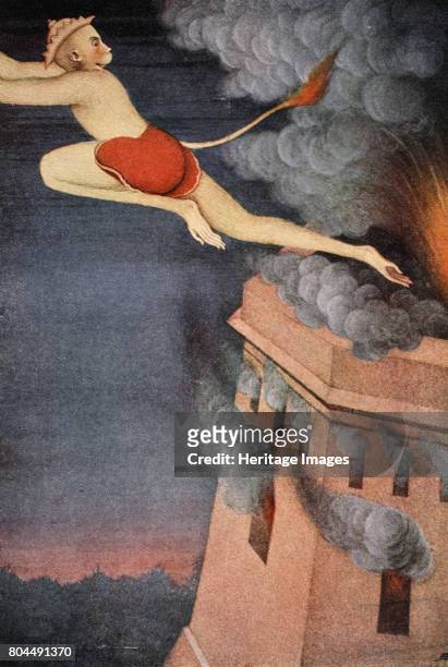 Burning of Lanka, 1913. Hanuman burns the island of Lanka with his tail after it was set on fire by the Lankan demon-king Ravana. Illustration from...