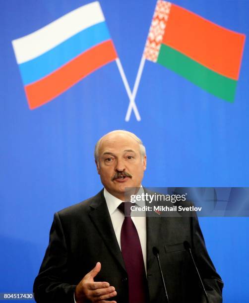 President of Belarus Alexander Lukashenko speaks during the Forum of regions of Russia and Belarus with Russian President Vladimir Putin on June 30,...