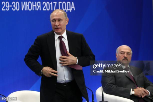 Russian President Vladimir Putin and President of Belarus Alexander Lukashenko attend the Forum of regions of Russia and Belarus on June 30, 2017 in...