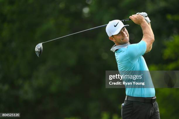 Luke Guthrie tees off on the third hole during the second round of the Web.com Tour Nashville Golf Open Benefitting the Snedeker Foundation at...