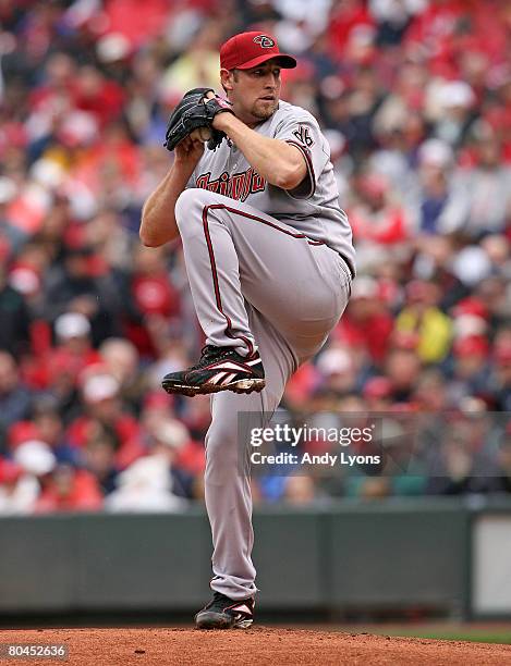 Brandon Webb of the Arizona Diamondbacks throws a pitch during the game against the Cincinnati Reds on the Opening Day on March 31, 2008 at Great...