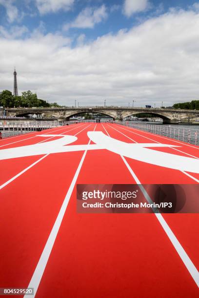 General view on the track of floating athletics near the Pont Marie before its inauguration on June 23, 2017 in Paris, France. On 23 and 24 June,...