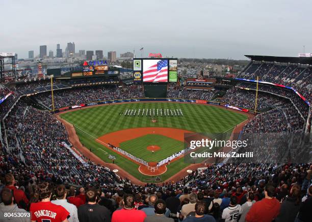 General view of the singing of the national anthem before the game between the Atlanta Braves and the Pittsburgh Pirates at Turner Field March 31,...