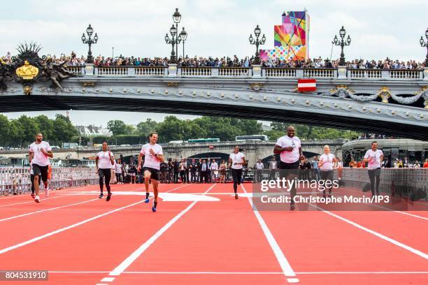 French Athletes inaugurate the track of floating athletics near the Pont Alexandre III on June 23, 2017 in Paris, France. On 23 and 24 June, Paris is...