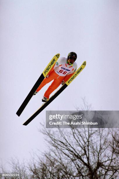 Takanobu Okabe competes in the second jump during the 33rd STV Cup Ski Jumping Championship at Okurayama Jump Stadium on January 16, 1994 in Sapporo,...