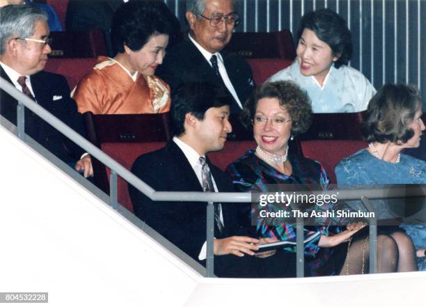 Crown Prince Naruhito talks with Christina Magnuson, Princess Christina of Sweden prior to the Royal Swedish Ballet at Orchard Hall on January 20,...