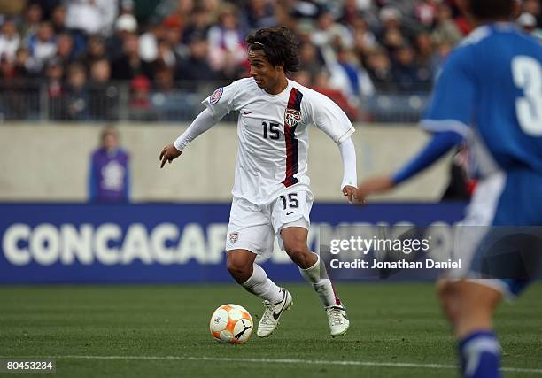 Kamani Hill of the United States plays the ball at midfield during the final match in the CONCACAF U-23 Men's Olympic Qualifying soccer tournament...