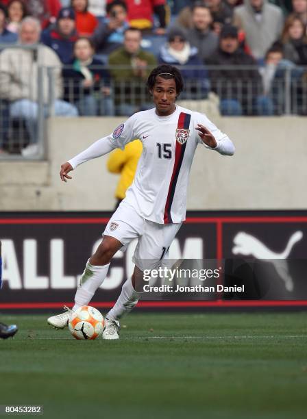 Kamani Hill of the United States moves to play the ball during the final match in the CONCACAF U-23 Men's Olympic Qualifying soccer tournament...