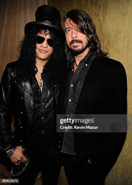 Musician Slash and Musician Dave Grohl attend the 2008 Clive Davis Pre-GRAMMY party at the Beverly Hilton Hotel on February 9, 2008 in Los Angeles,...