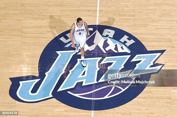 Deron Williams of the Utah Jazz walks on the court during the game against the Washington Wizards at EnergySolutions Arena March 31, 2008 in Salt...