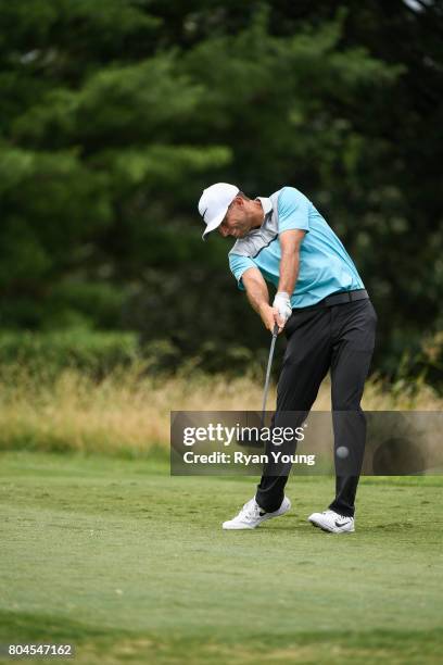 Luke Guthrie tees off on the 18th hole during the second round of the Web.com Tour Nashville Golf Open Benefitting the Snedeker Foundation at...