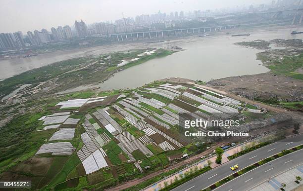 An elevated view of fields on the river beach of Yangtze River, which used to be covered by water on March 31, 2008 in Chongqing Municipality, China....