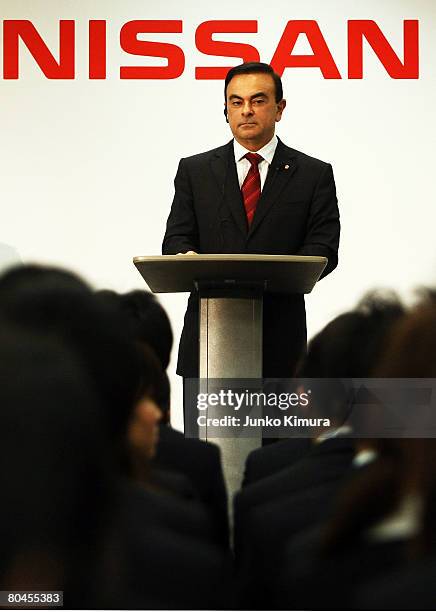 Nissan Motor Co., Ltd. CEO Carlos Ghosn speaks during their 2008 Initiation Ceremony at Roppongi Academy Hills on April 1, 2008 in Tokyo, Japan. 514...