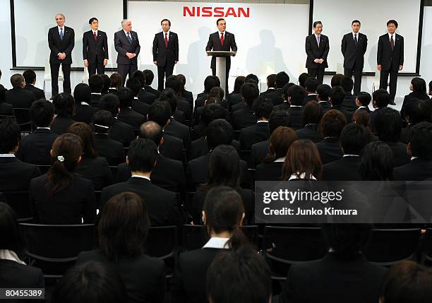 Nissan Motor Co., Ltd. CEO Carlos Ghosn speaks during their 2008 Initiation Ceremony at Roppongi Academy Hills on April 1, 2008 in Tokyo, Japan. 514...