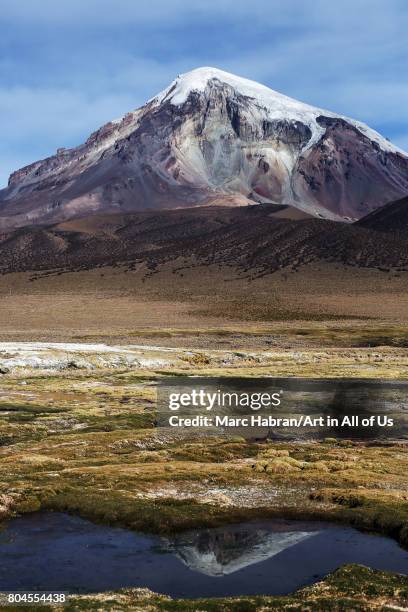 Snowcapped volcano Sajama with mirror reflection on November, 2016 in Parque Nacional de Sajama, Bolivia.