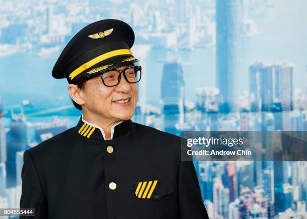 Actor and martial artist Jackie Chan celebrates Hong Kong Airlines' inaugural flight to Vancouver, BC at Vancouver International Airport on June 30,...