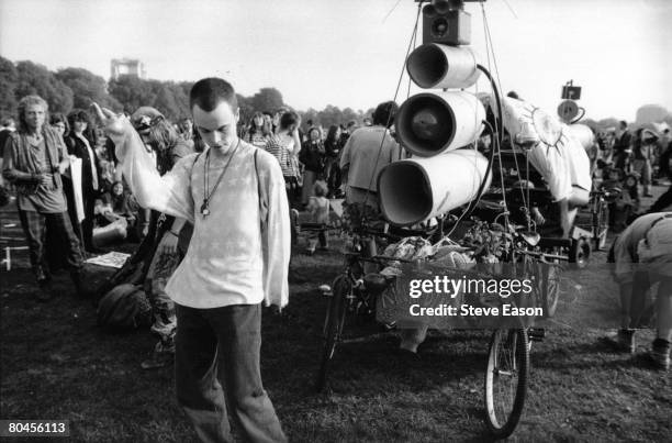 New Age hippies, punks, ravers and crusties at a demonstration against the Criminal Justice Bill in London's Hyde Park, September 1994.