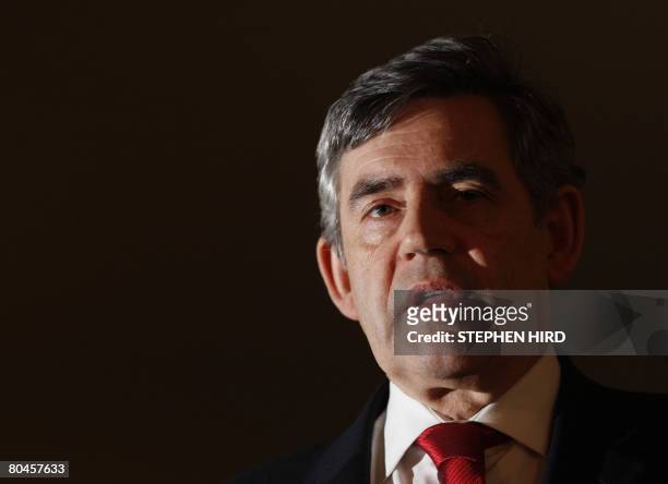 Britain's Prime Minister Gordon Brown speaks during his monthly press conference at Downing Street, in central London, on April 1, 2008. Prime...
