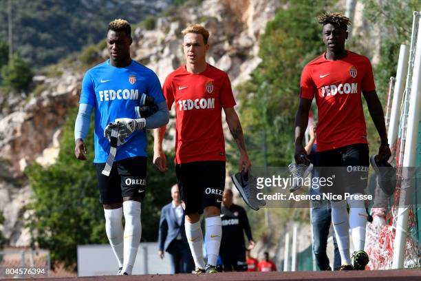 Loic Badiashile, Irvin Cardona and Kevin Ndoram of Monaco during training session of As Monaco on June 30, 2017 in Monaco, Monaco.