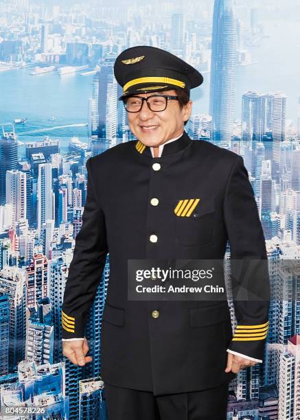 Actor and martial artist Jackie Chan celebrates Hong Kong Airlines' inaugural flight to Vancouver, BC at Vancouver International Airport on June 30,...