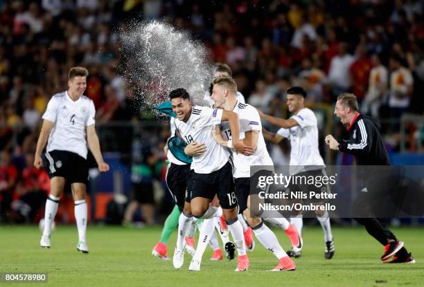 Nadiem Amiri of Germany and Felix Platte of Germany celebrate after the UEFA European Under-21 Championship Final between Germany and Spain at Krakow...