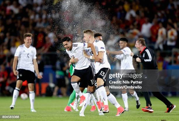 Nadiem Amiri of Germany and Felix Platte of Germany celebrate after the UEFA European Under-21 Championship Final between Germany and Spain at Krakow...