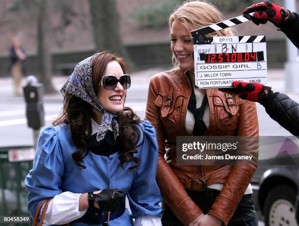 Actresses Leighton Meester and Blake Lively on location for "Gossip Girl" on March 14, 2008 in New York City.