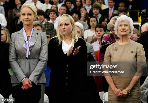 As Republican presidential candidate Sen. John McCain is introduced, McCain's wife Cindy, daughter Meghan, and mother Roberta look on during a...