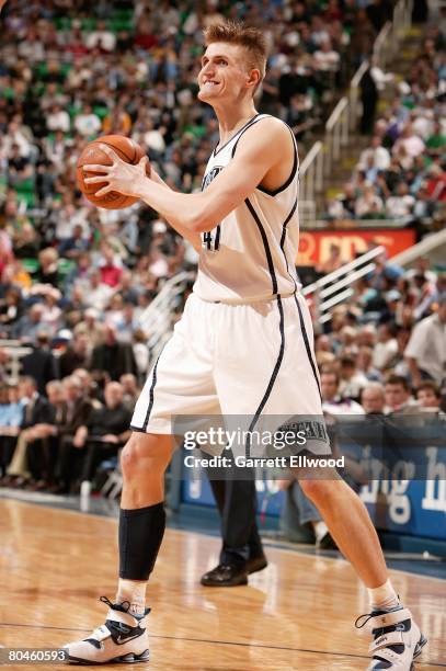 Andrei Kirilenko of the Utah Jazz looks for an open pass during the game against the Los Angeles Lakers on March 20, 2008 at EnergySolutions Arena in...