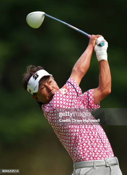 Kohki Idoki of Japan hits his tee shot on the second hole during the second round of the 2017 U.S. Senior Open Championship at Salem Country Club on...