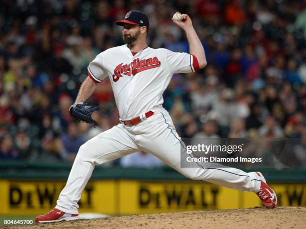 Pitcher Boone Logan of the Cleveland Indians throws a pitch in the top of the sixth inning of a game on June 26, 2017 against the Texas Rangers at...