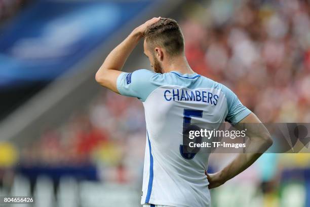 Calum Chambers of England looks on during the UEFA European Under-21 Championship Semi Final match between England and Germany at Tychy Stadium on...