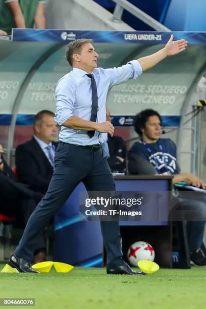 Coach Stefan Kuntz of Germany gestures during the UEFA European Under-21 Championship Semi Final match between England and Germany at Tychy Stadium...