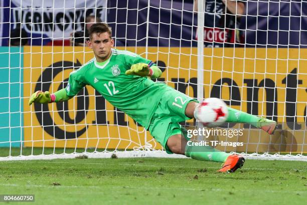 Goalkeeper Julian Pollersbeck of Germany in action during the UEFA European Under-21 Championship Semi Final match between England and Germany at...